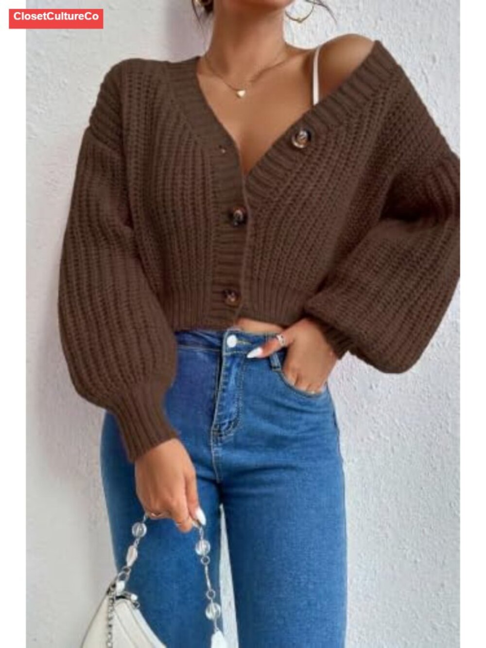 Women's Chunky Cable Knit Crop Cardigan V-Neck Button Front Sweater - Picture 4 of 4